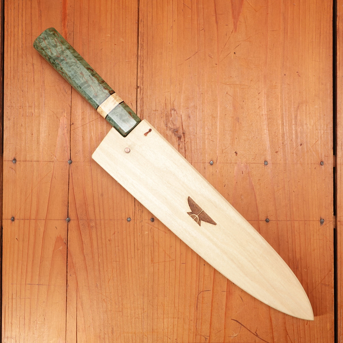 Rolin Knives GoMai 230mm Gyuto Lohman Carbon Green Karelian Birch with Saya