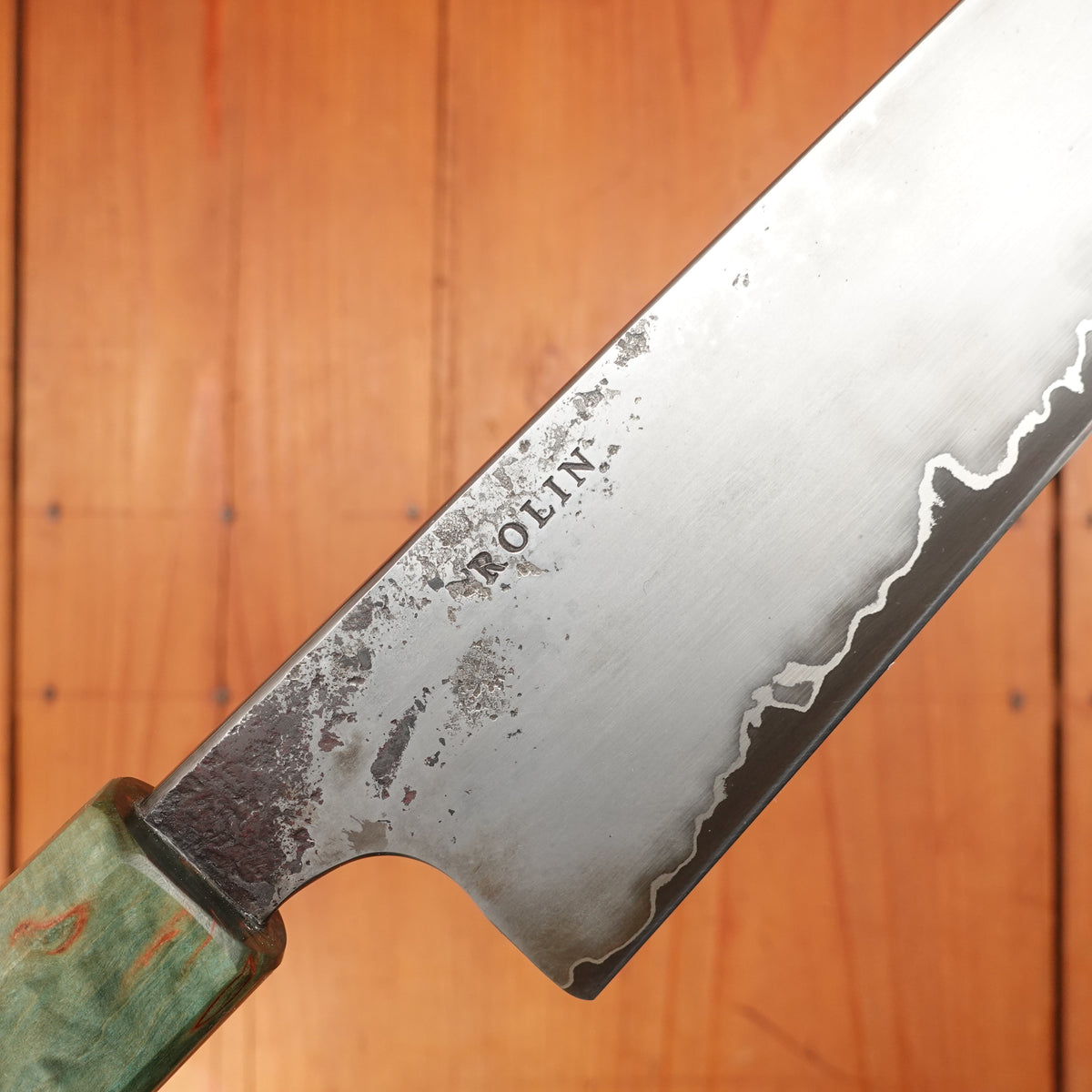 Rolin Knives GoMai 230mm Gyuto Lohman Carbon Green Karelian Birch with Saya