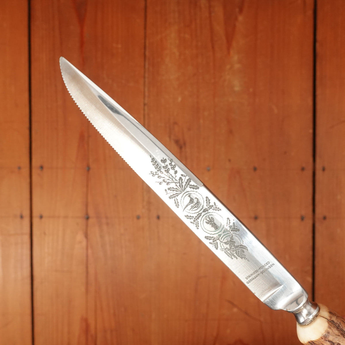4pc Steak Knife & Fork Set Forged Stainless & Carved Stag Solingen 1960-70s