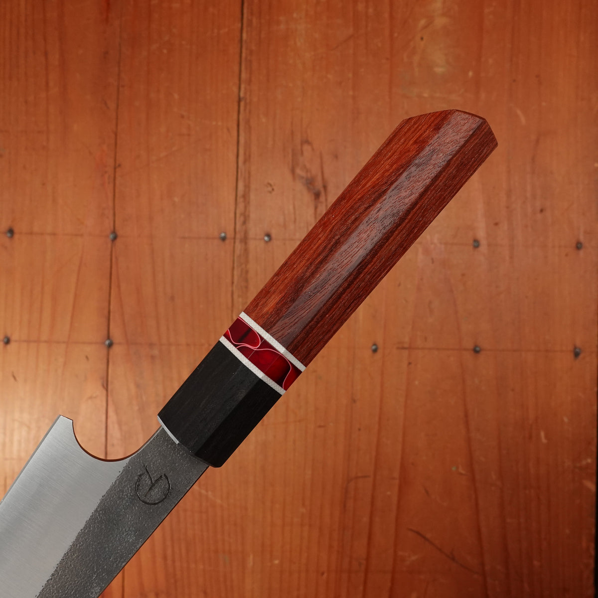 Alma Knife Co. 135mm Petty 26c3 Nashiji Canarywood/Ebony/Red Wave Spacer Handle