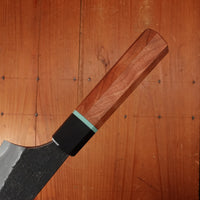 Alma Knife Co. 165mm Honesuki Kaku Aogami 2 & Wrought Iron - Gilroy Cherry / Gabon Ebony Tiffany Blue Divider