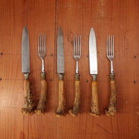 Set of 3 Steak Knives & Forks Etched Stainless & Crown Stag Solingen 1950s?