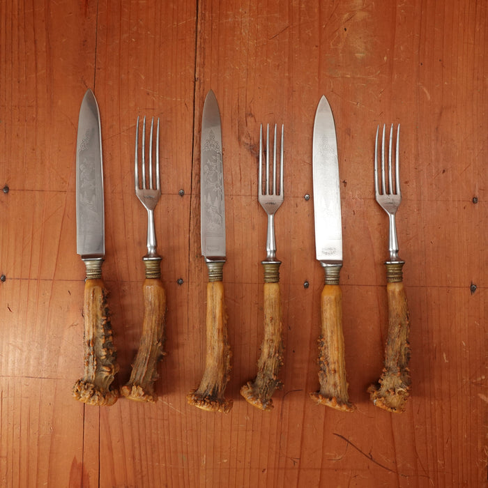 Set of 3 Steak Knives & Forks Etched Stainless & Crown Stag Solingen 1950s?