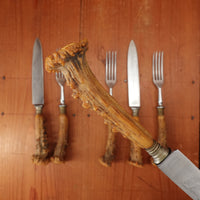 Set of 3 Steak Knives & Forks Etched Stainless & Crown Stag Solingen 1950s?