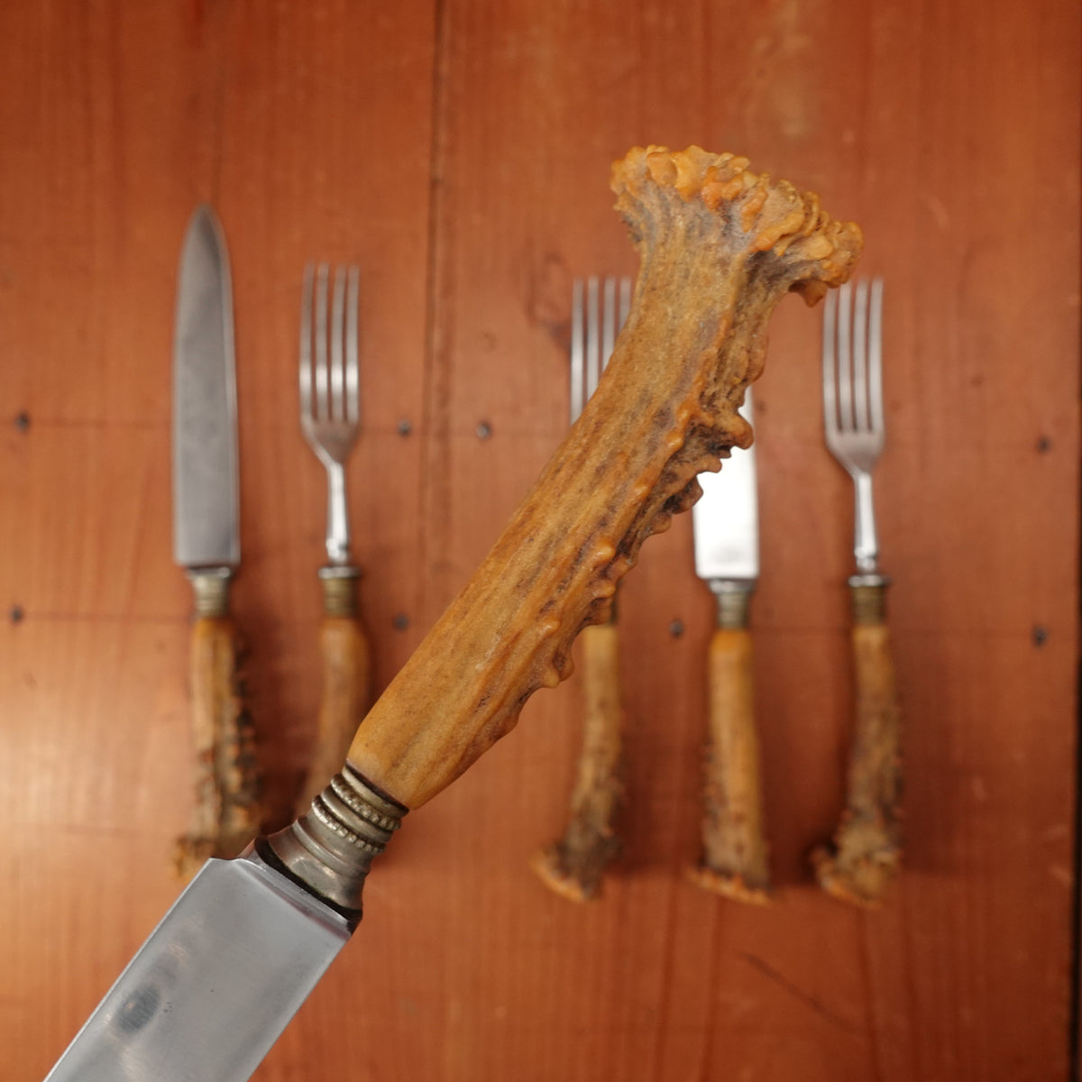 Set of 3 Steak Knives & Forks Etched Stainless & Crown Stag Solingen 1950s?