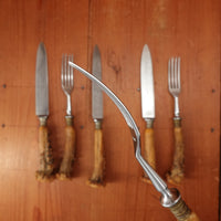 Set of 3 Steak Knives & Forks Etched Stainless & Crown Stag Solingen 1950s?