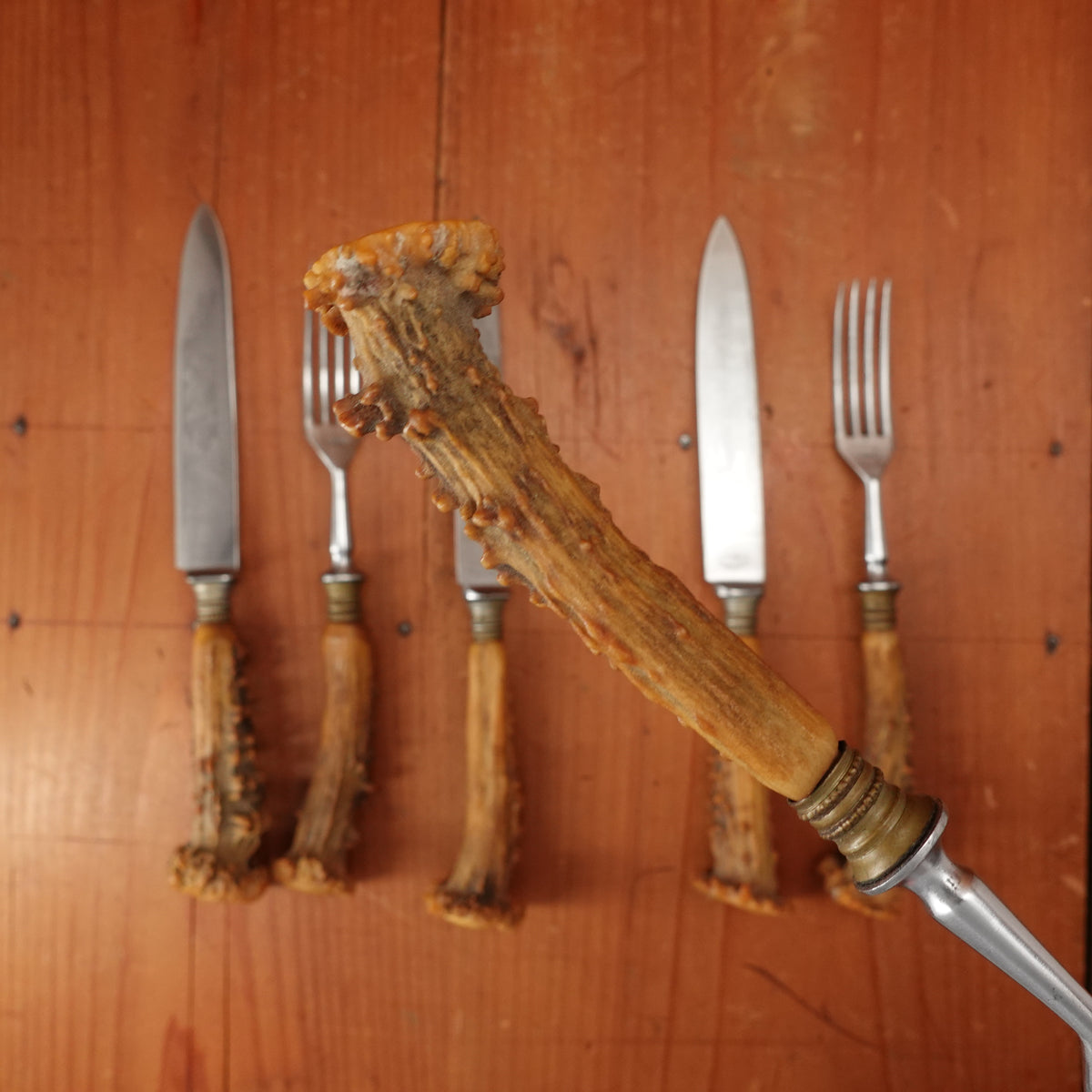 Set of 3 Steak Knives & Forks Etched Stainless & Crown Stag Solingen 1950s?