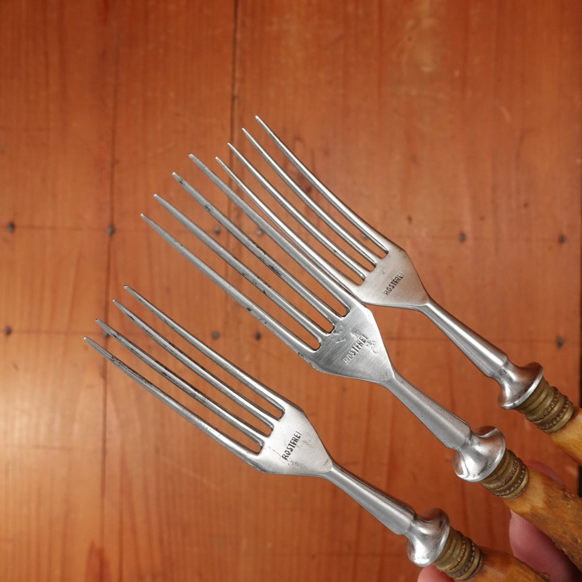 Set of 3 Steak Knives & Forks Etched Stainless & Crown Stag Solingen 1950s?