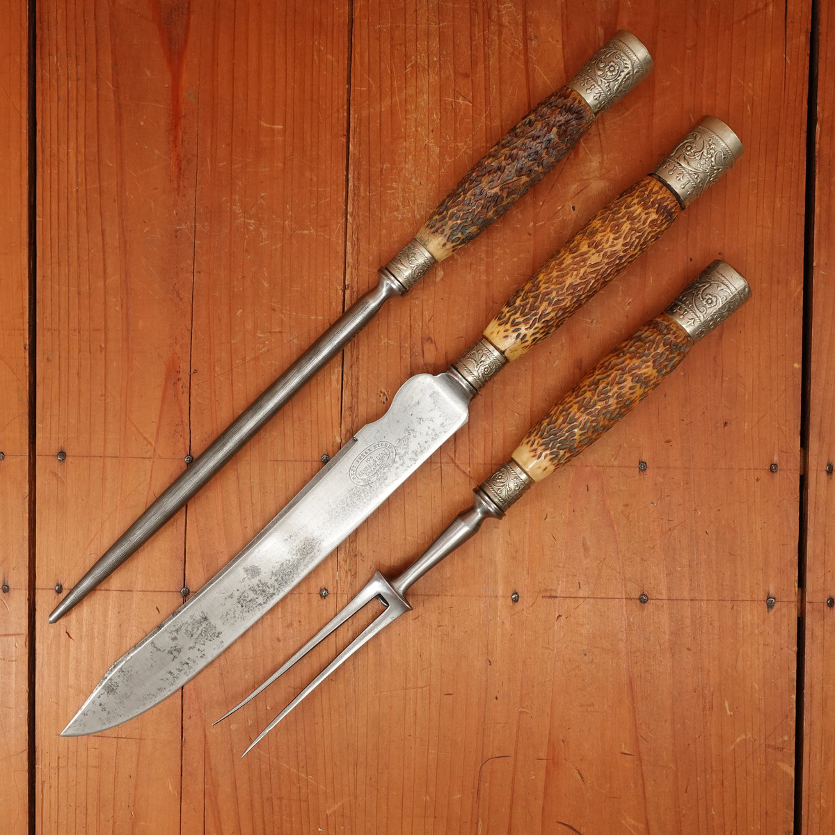 Kendal & Dent 3 Pc Carving Set Shear Steel Jigged Bone & Nickel M.I. Sheffield Approx 1890s-1920