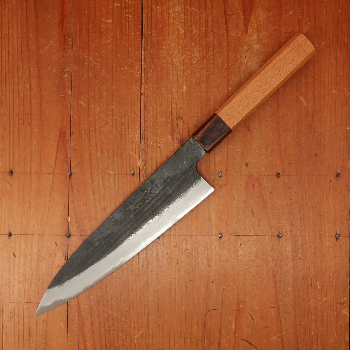 Okada 210mm Gyuto Shirogami 2 Kurouchi Keyaki Handle