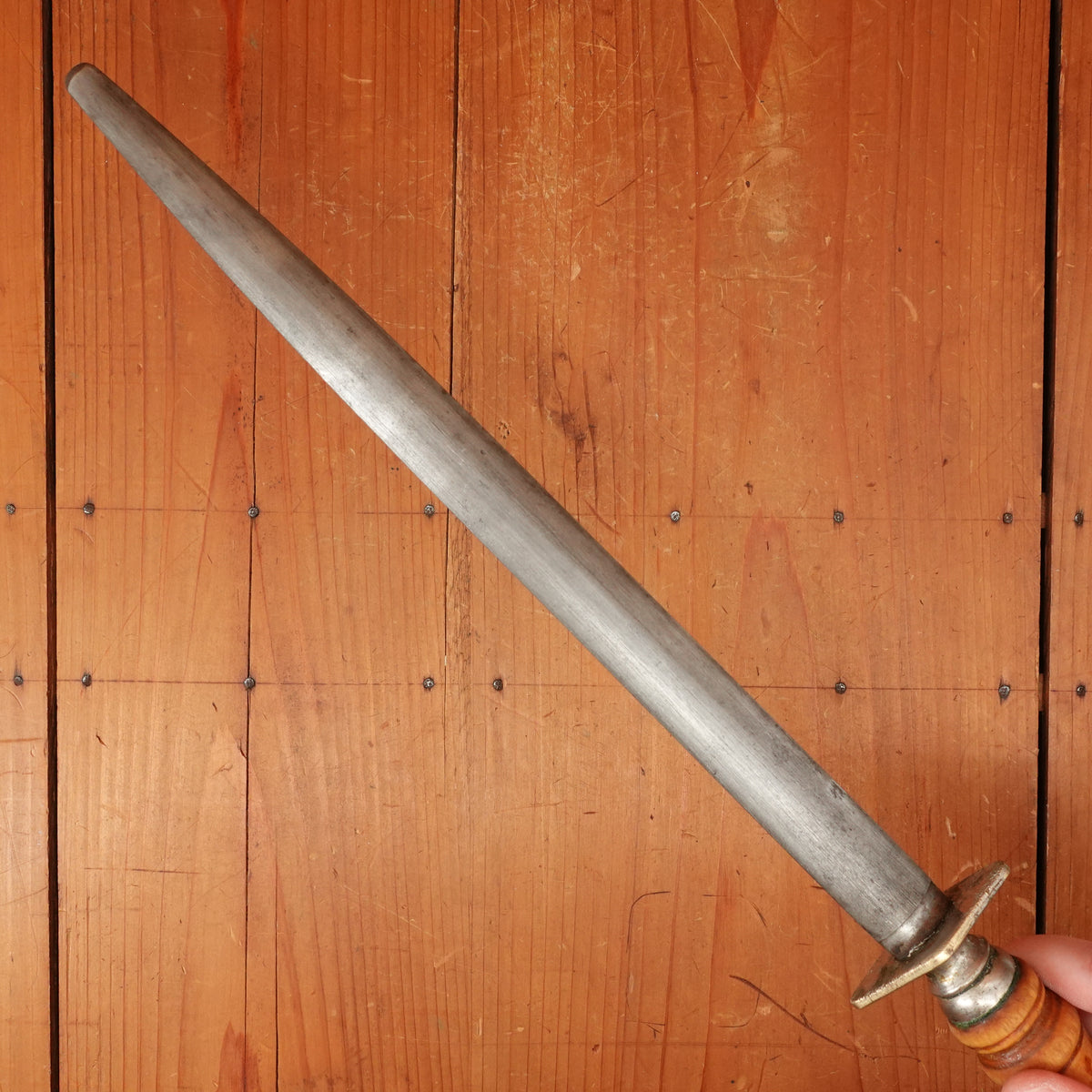 F Dick 12" Oval Medium Cut Sharpening Steel Turned Wood Handle Germany 1950s-70s