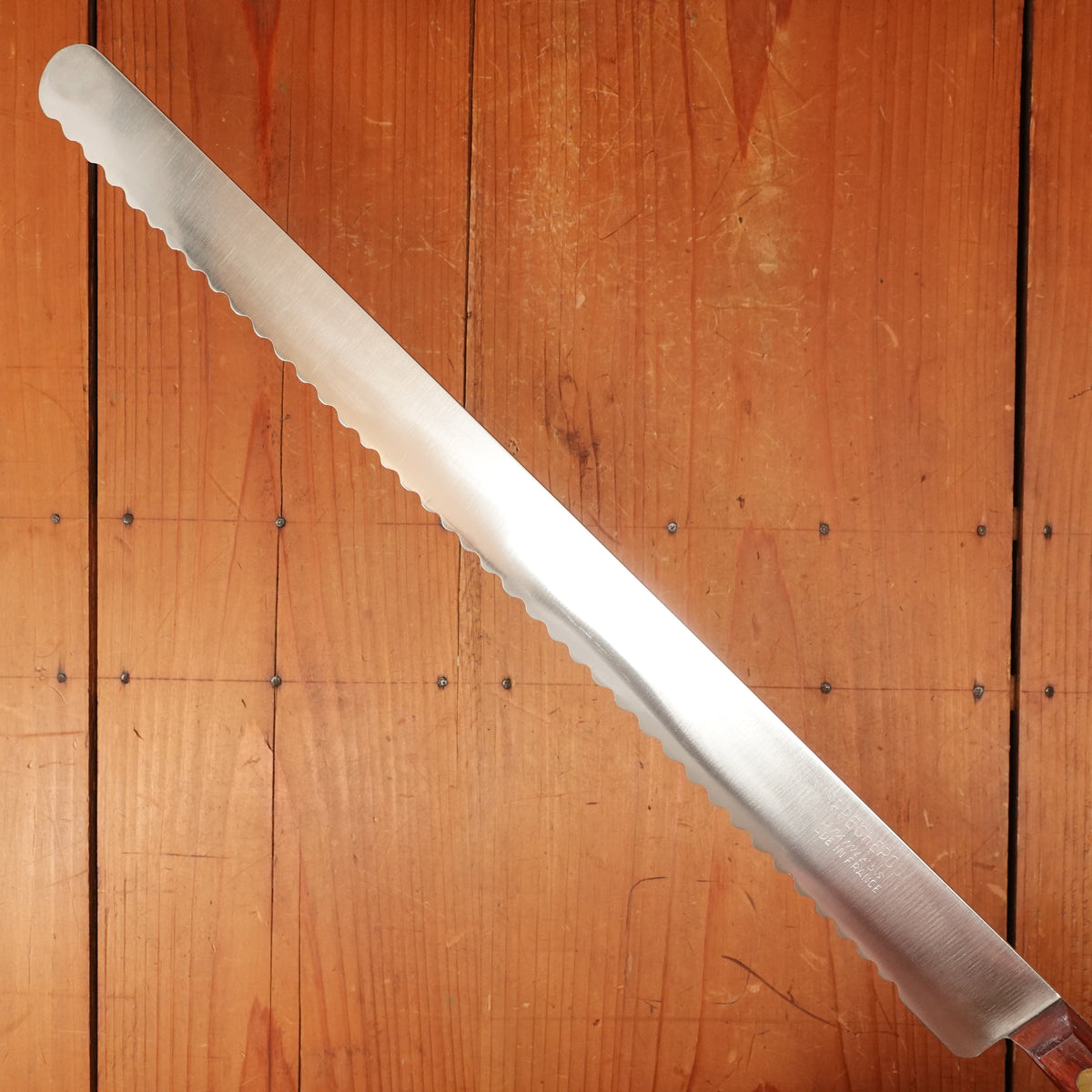 New Old Stock Sprechercut 14" Serrated Slicer Stainless Steel Rosewood Thiers 1960s-80s