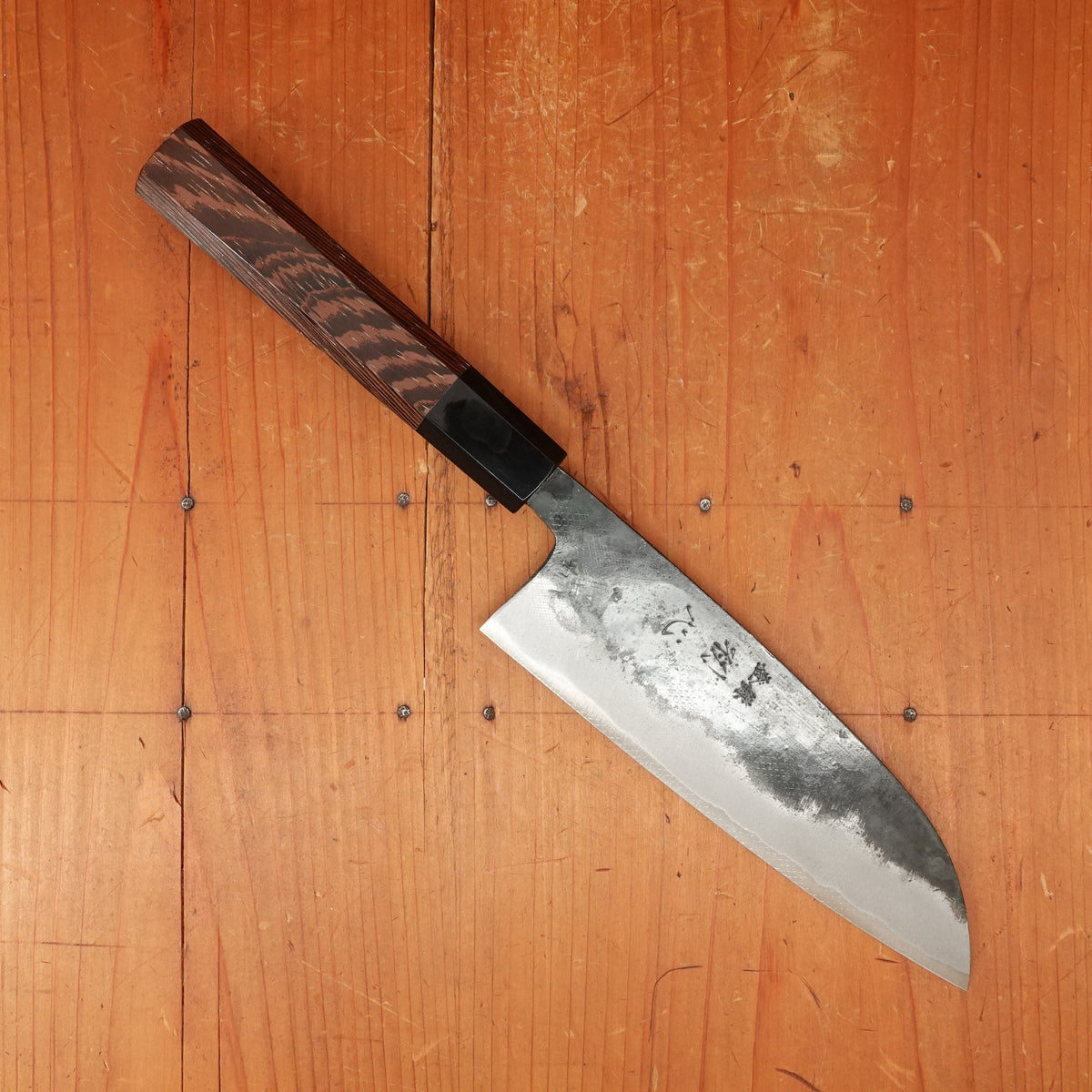 Hatsukokuro Sumi 165mm Santoku Iron Clad Aogami 2 Kurouchi Wedge Handle