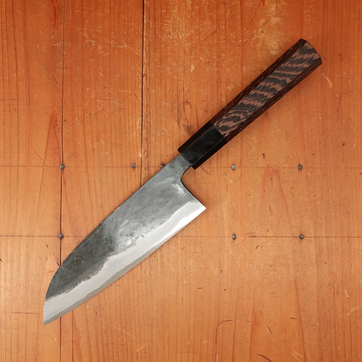 Hatsukokuro Sumi 165mm Santoku Iron Clad Aogami 2 Kurouchi Wedge Handle