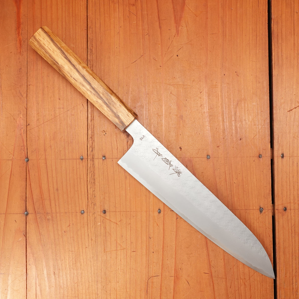 Sakai Kikumori 210mm Gyuto VG10 Tsuchime Oakwood Handle