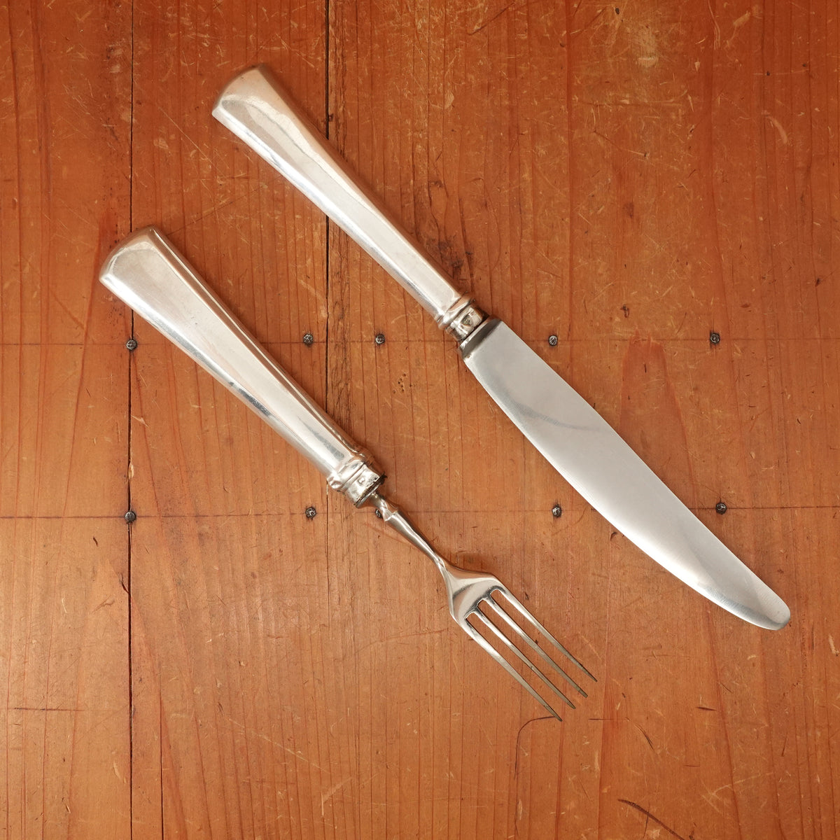 J.A. Henckels Dinner Knife and Fork Pair (One Pair 2pc) Stainless Blade Nickel Plated Carbon Fork Coin Silver Solingen 1920s