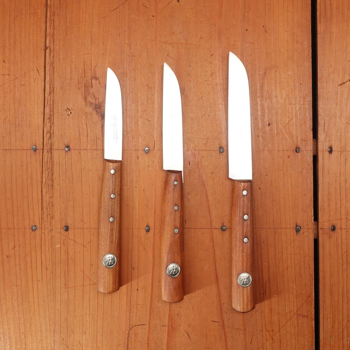 Henckels Friodur Set of 3 Sheepsfoot Paring Knives 2.5, 3, & 3.5" Stainless Cherry Solingen 1950s-70s