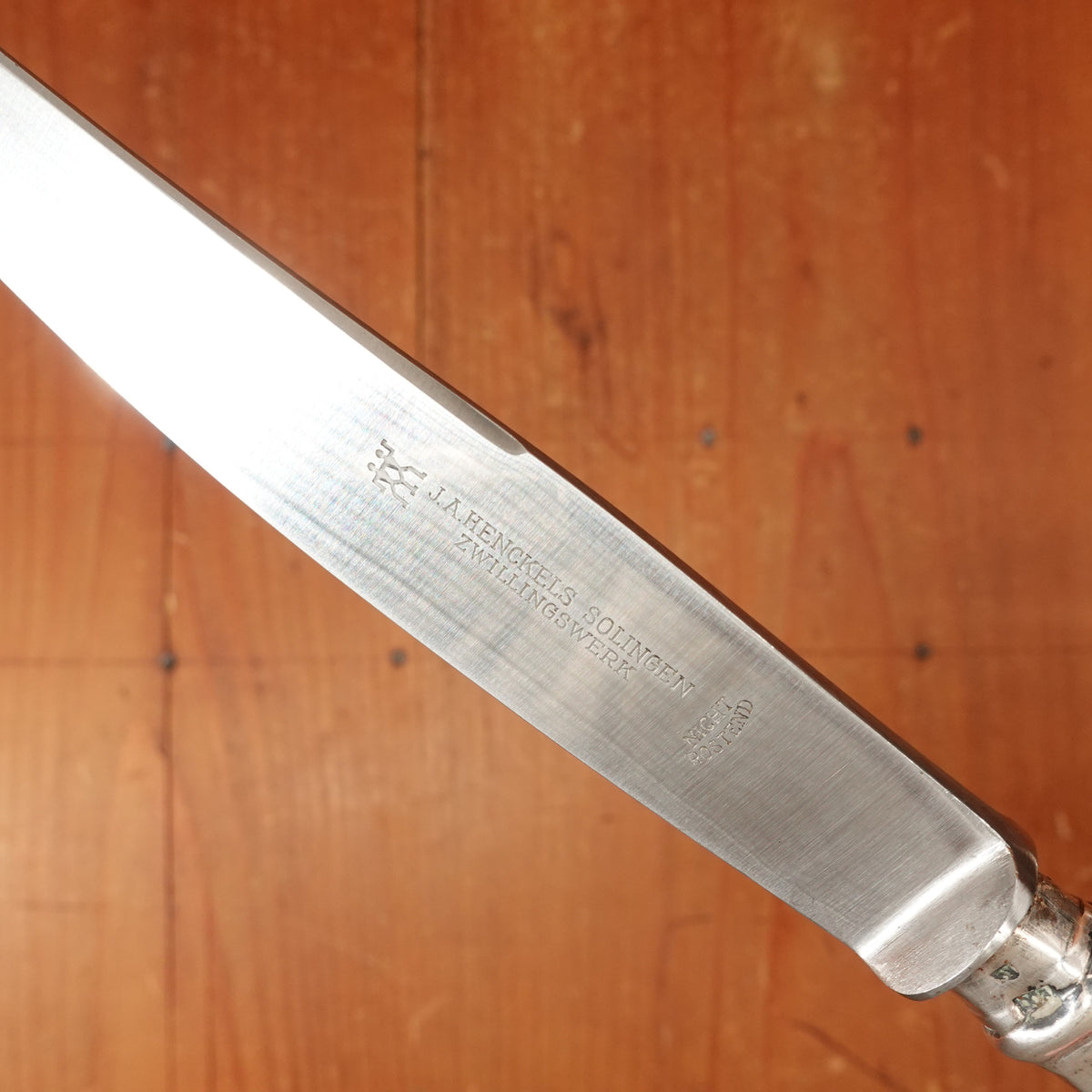 J.A. Henckels Dinner Knife and Fork Pair (One Pair 2pc) Stainless Blade Nickel Plated Carbon Fork Coin Silver Solingen 1920s