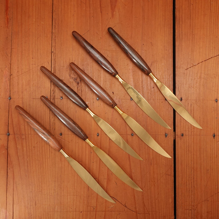 New Vintage Peaso Steak Knife Set of 6 Gold Plated Stainless & Jacaranda Solingen 1960s 70s