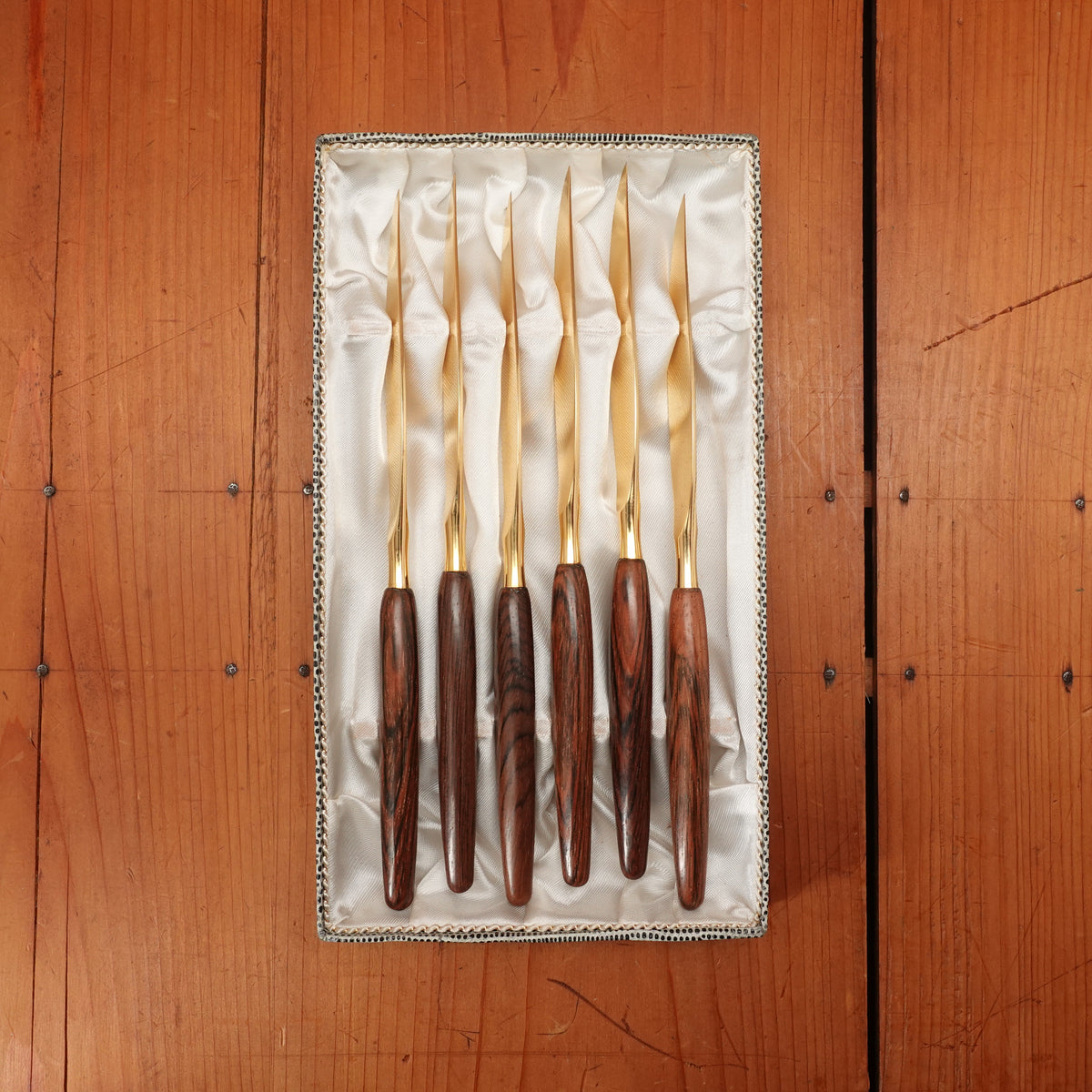 New Vintage Peaso Steak Knife Set of 6 Gold Plated Stainless & Jacaranda Solingen 1960s 70s