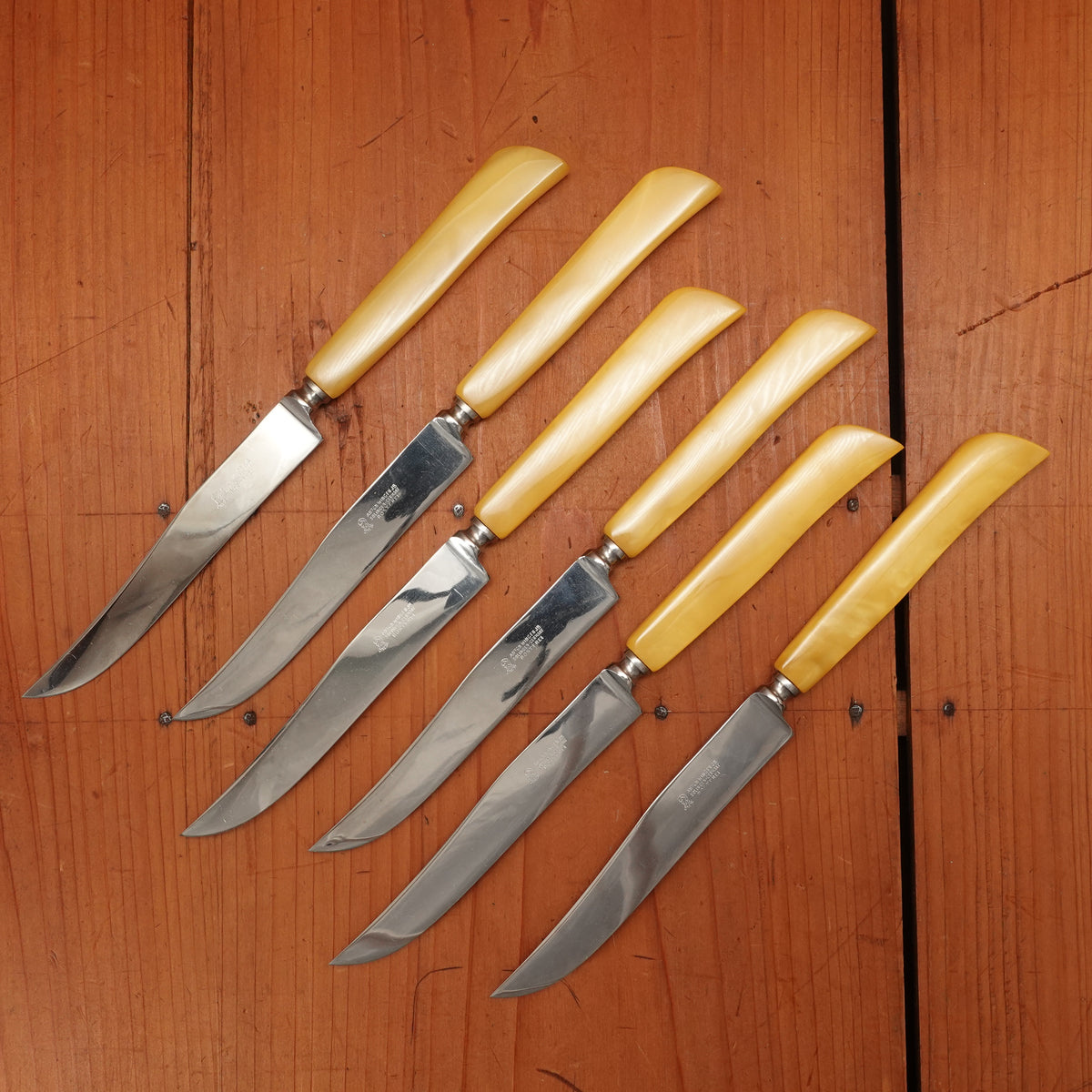 New Vintage Anton Wingen Jr Steak Set Stainless Yellow Cracked Ice Solingen 1950s 60s