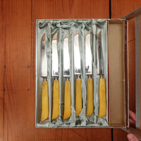 New Vintage Anton Wingen Jr Steak Set Stainless Yellow Cracked Ice Solingen 1950s 60s