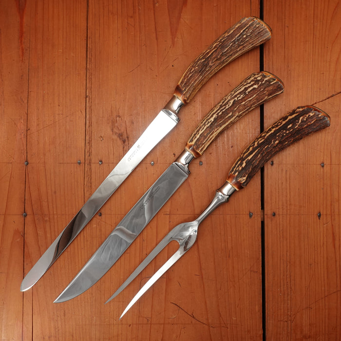 J A Henckels Friodur 3 Pc Carving Set Forged Stainless & Stag Solingen, Germany 1960-70s