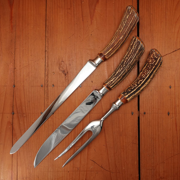 J A Henckels Friodur 3 Pc Carving Set Forged Stainless & Stag Solingen, Germany 1960-70s