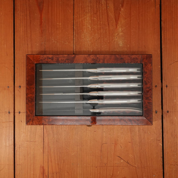 Chateau Briand 110mm Steak Knife Set of 6 Stainless "Peg Bundy" Leopard Spot Composite In Box Theirs France 1990s-2015