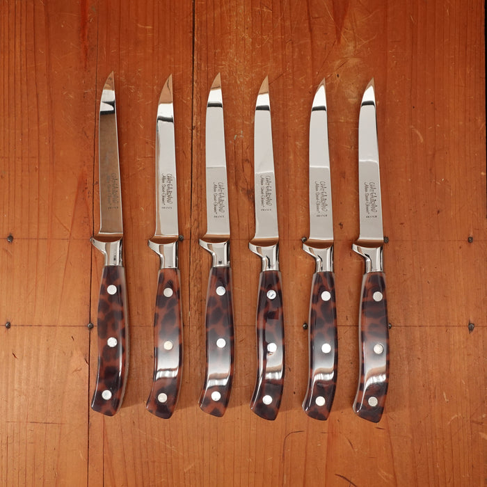 Chateau Briand 110mm Steak Knife Set of 6 Stainless "Peg Bundy" Leopard Spot Composite In Box Theirs France 1990s-2015