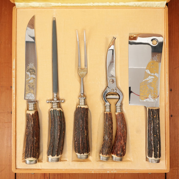 Ed Wusthof 5 Pc Carving Set Stainless Stag Etched Solingen Germany 1950s-60s