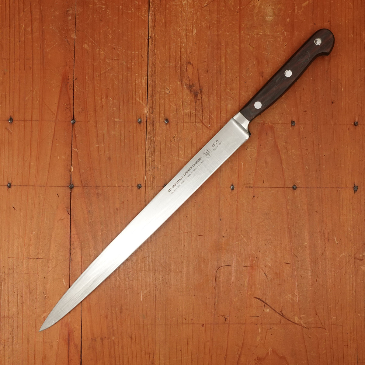 Ed Wusthof 4520 Dreizackwerk 10" Narrow Stiff Slicer Stainless Steel Macasser Ebony Handle 1960s-Early 70s