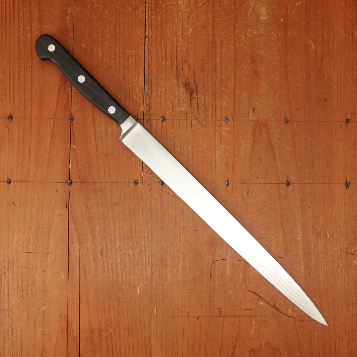 Ed Wusthof 4520 Dreizackwerk 10" Narrow Stiff Slicer Stainless Steel Macasser Ebony Handle 1960s-Early 70s