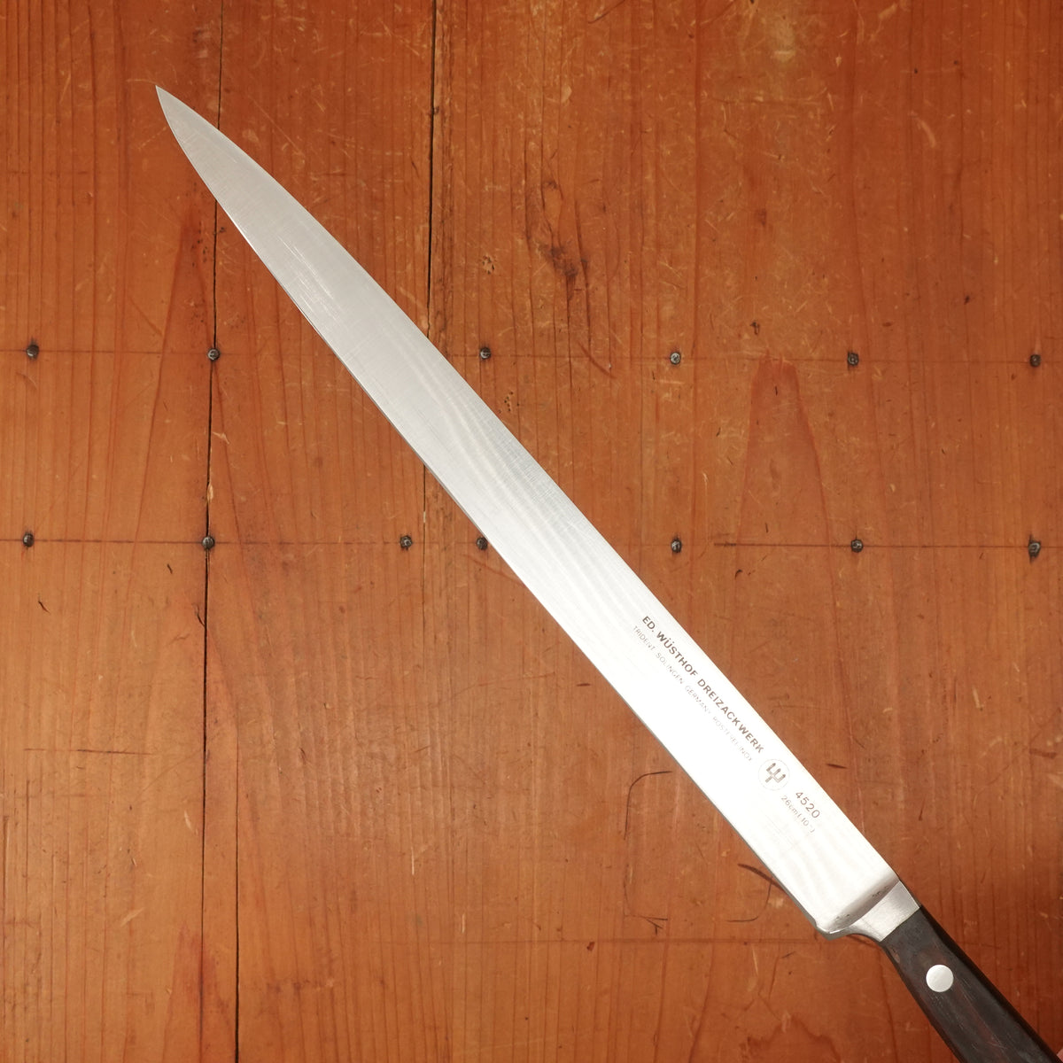 Ed Wusthof 4520 Dreizackwerk 10" Narrow Stiff Slicer Stainless Steel Macasser Ebony Handle 1960s-Early 70s