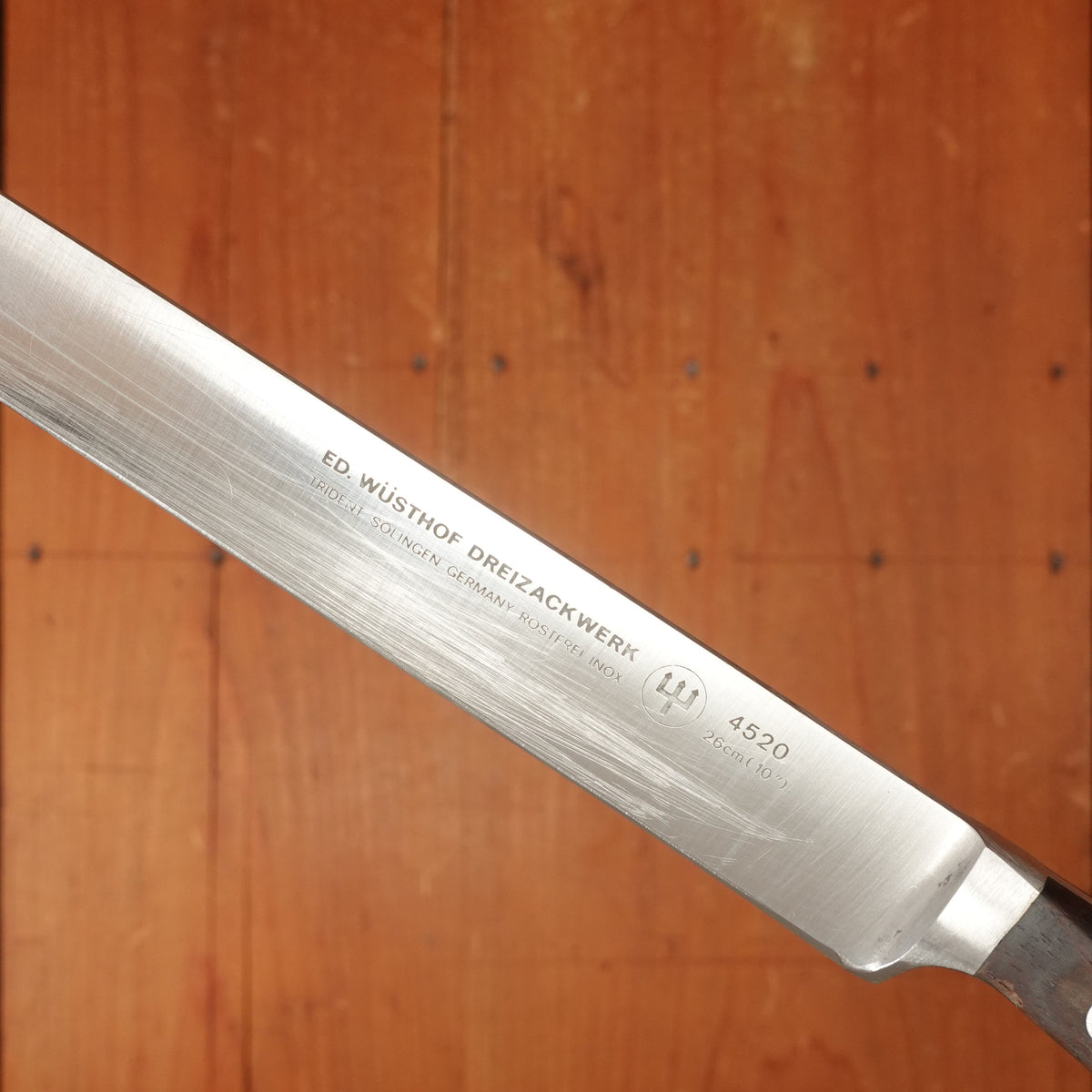 Ed Wusthof 4520 Dreizackwerk 10" Narrow Stiff Slicer Stainless Steel Macasser Ebony Handle 1960s-Early 70s