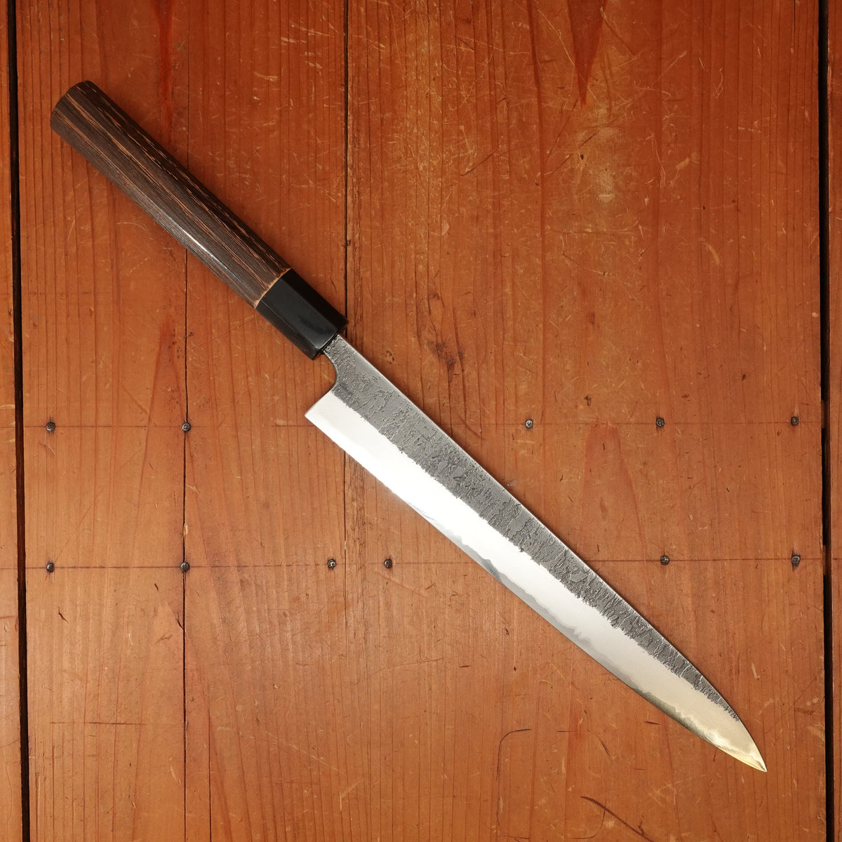 Wakui 240mm Sujihiki Stainless Clad Aogami 2 Nashiji Warikomi Chestnut