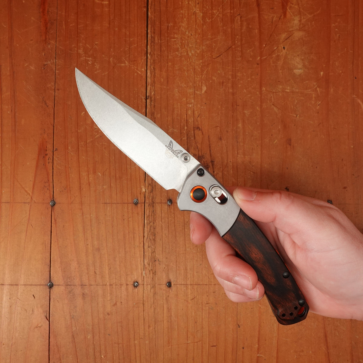 Benchmade 15085-2 Mini Crooked River Clip Point S30V AXIS Lock Stabilized Wood Handle)