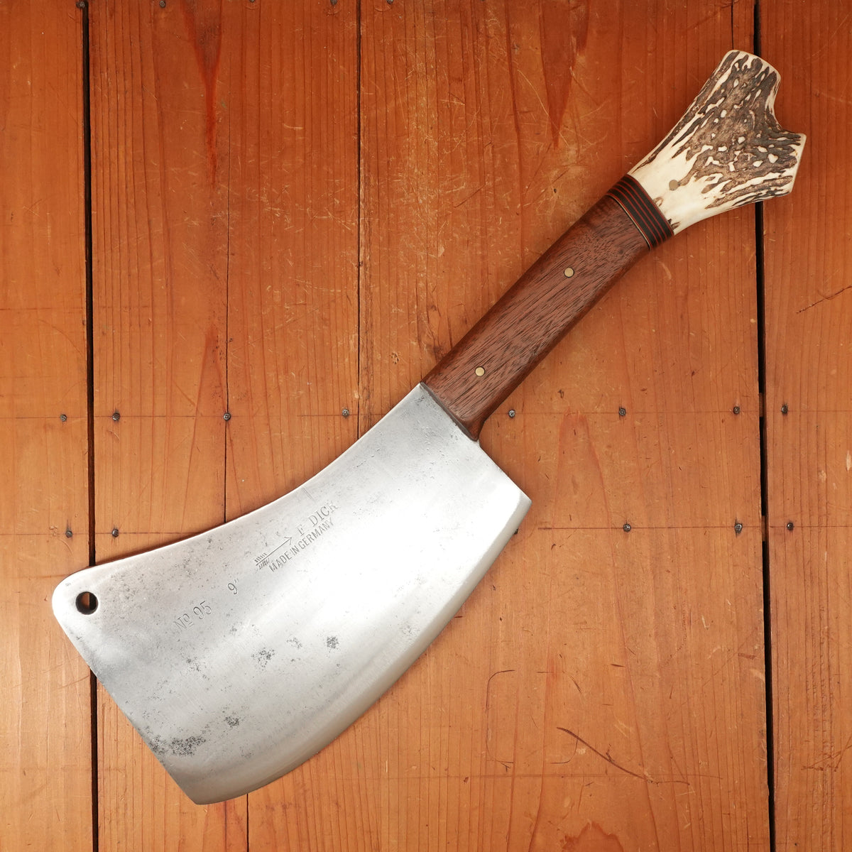 F Dick No. 95 9" Cleaver Hand Forged Carbon Steel Custom Walnut & Stag Germany 1950s 60s?