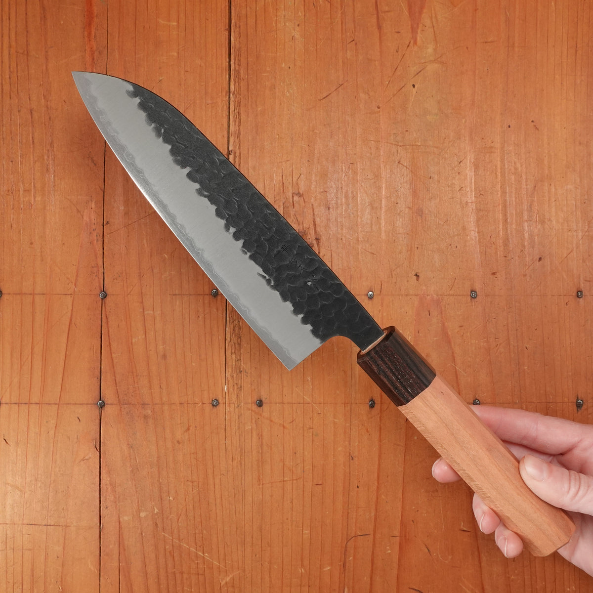 Hitohira Futana SB 170mm Santoku Aogami Super Kurouchi Tsuchime Cherry Wood