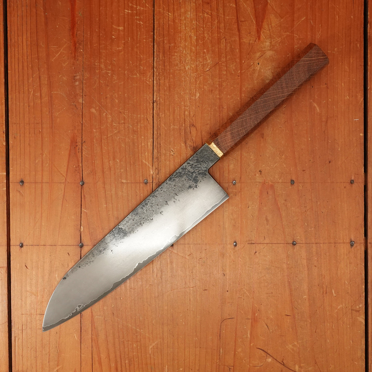 Rolin Knives Gomai 215mm Gyuto/Santoku — Apex Ultra Core / A203 Nickel Clad, Stabilized Danish Oak & Brass Handle