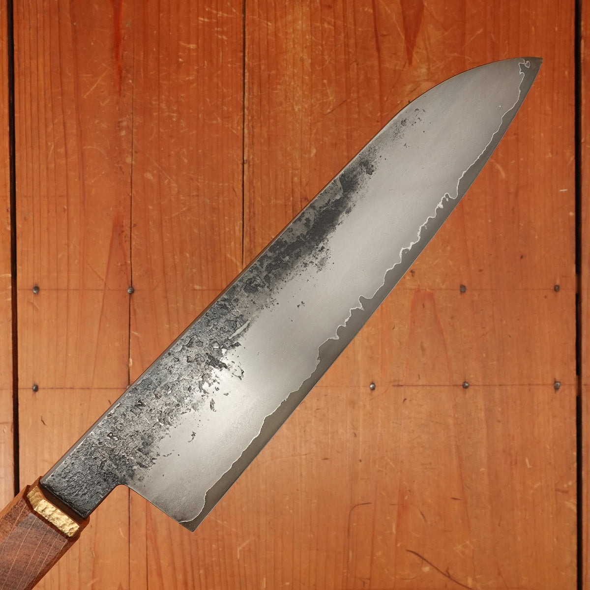Rolin Knives Gomai 215mm Gyuto/Santoku — Apex Ultra Core / A203 Nickel Clad, Stabilized Danish Oak & Brass Handle