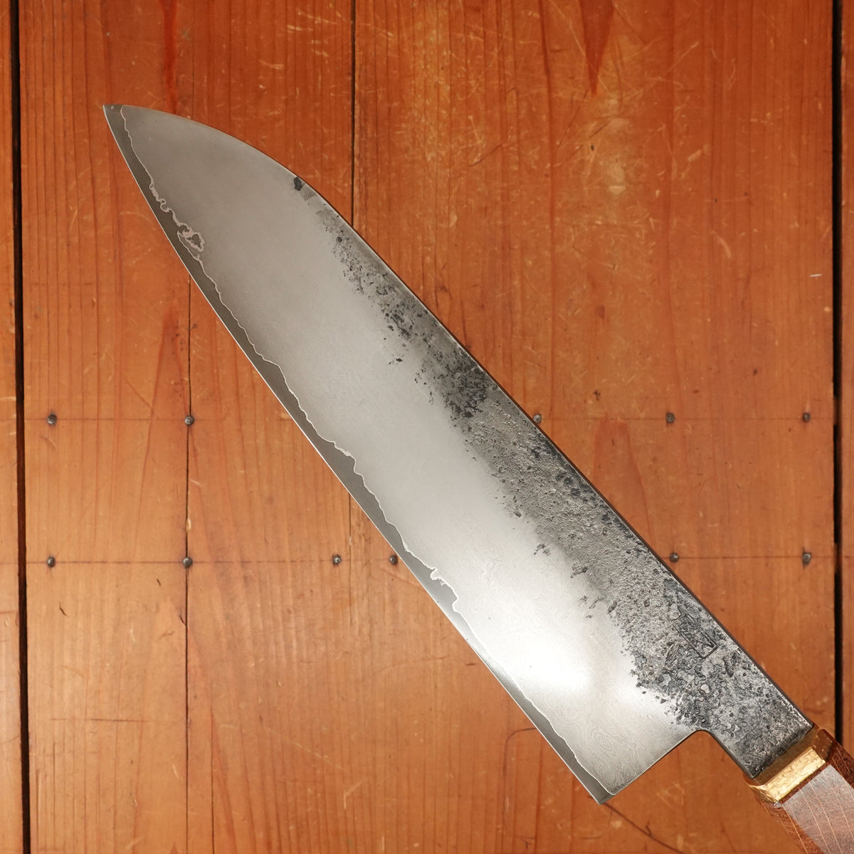 Rolin Knives Gomai 215mm Gyuto/Santoku — Apex Ultra Core / A203 Nickel Clad, Stabilized Danish Oak & Brass Handle