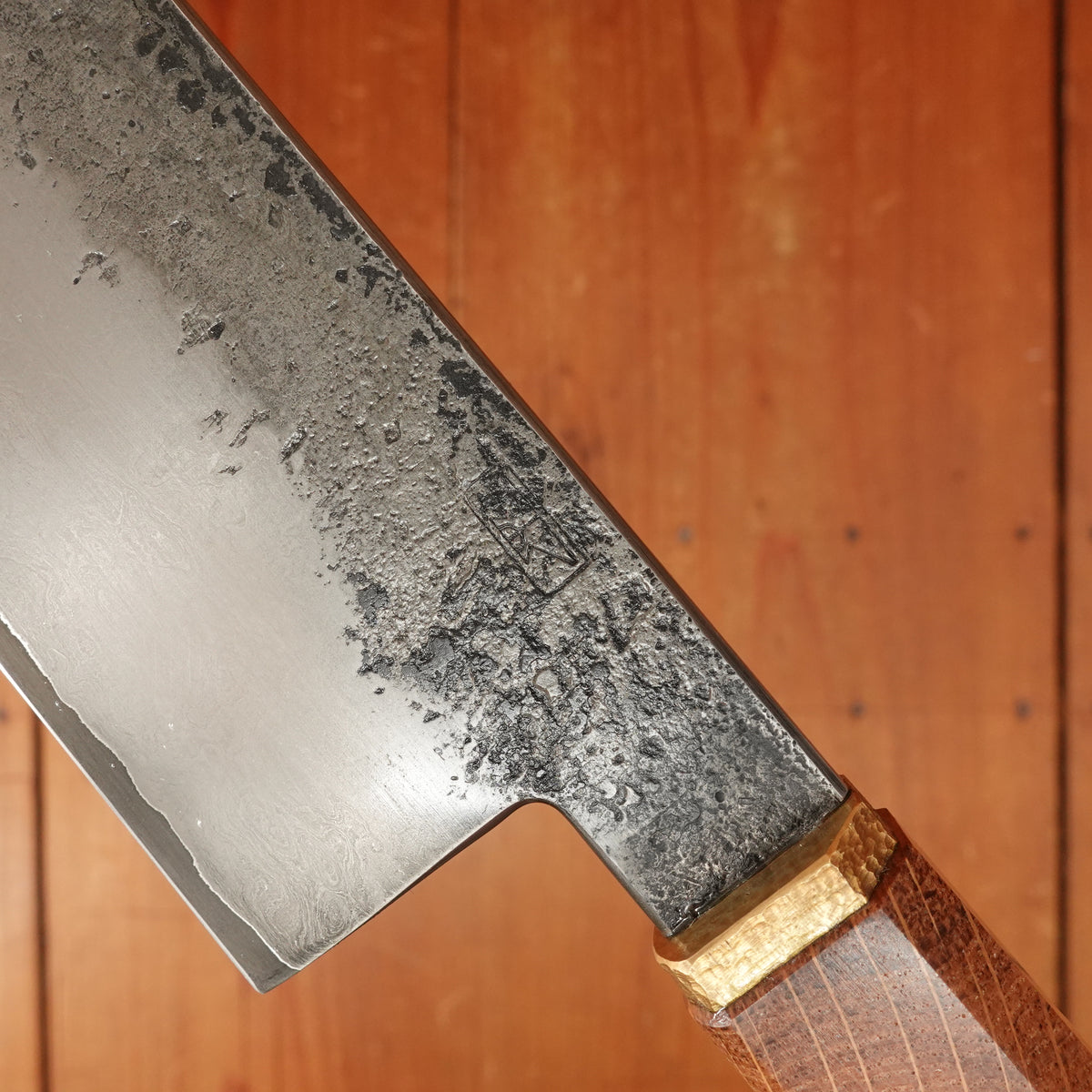 Rolin Knives Gomai 215mm Gyuto/Santoku — Apex Ultra Core / A203 Nickel Clad, Stabilized Danish Oak & Brass Handle