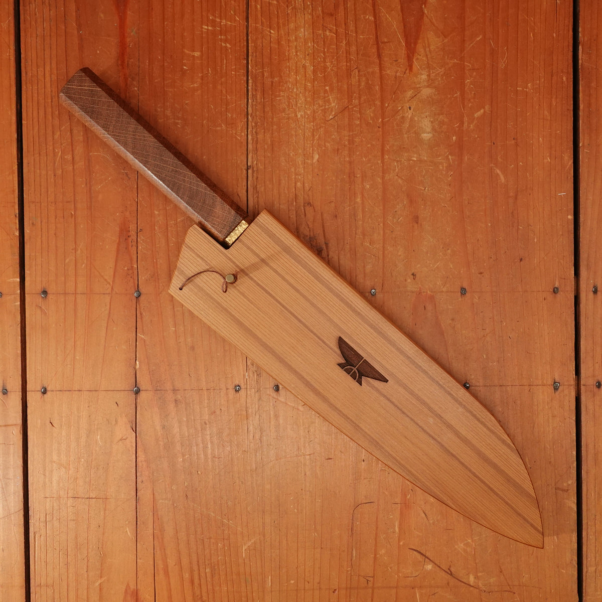 Rolin Knives Gomai 215mm Gyuto/Santoku — Apex Ultra Core / A203 Nickel Clad, Stabilized Danish Oak & Brass Handle