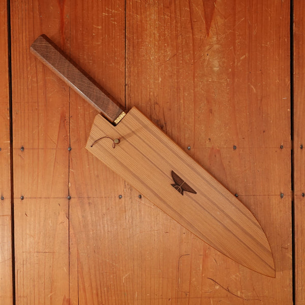 Rolin Knives Gomai 215mm Gyuto/Santoku — Apex Ultra Core / A203 Nickel Clad, Stabilized Danish Oak & Brass Handle