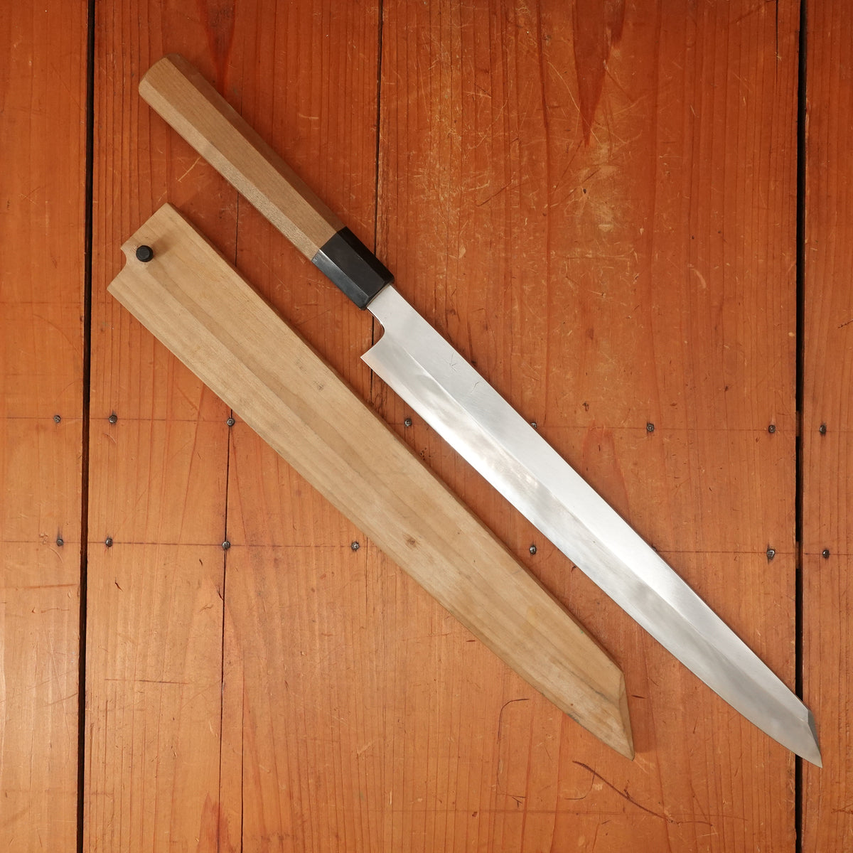 Trade in Hitohira Kikuchiyo Mosuke 300mm Kiritsuke Yanagi Stainless Clad Ginsanko Ho/Horn with Saya