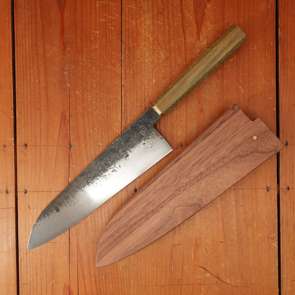 Rolin Knives Gomai 215mm Gyuto — 26C3 Core / A203 Nickel Clad, Textured Argentine Lignum Vitae Handle w/ Patinated Copper