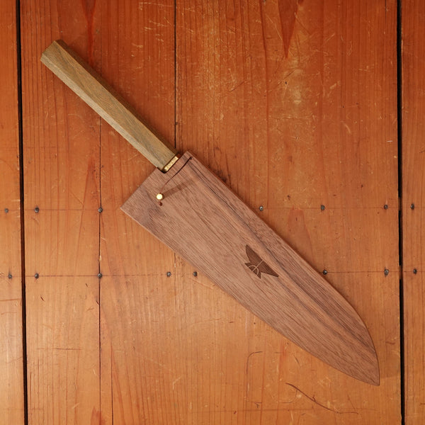 Rolin Knives Gomai 215mm Gyuto —W2 Core / Mild Steel Clad, Textured Argentine Lignum Vitae Handle w/ Patinated Copper