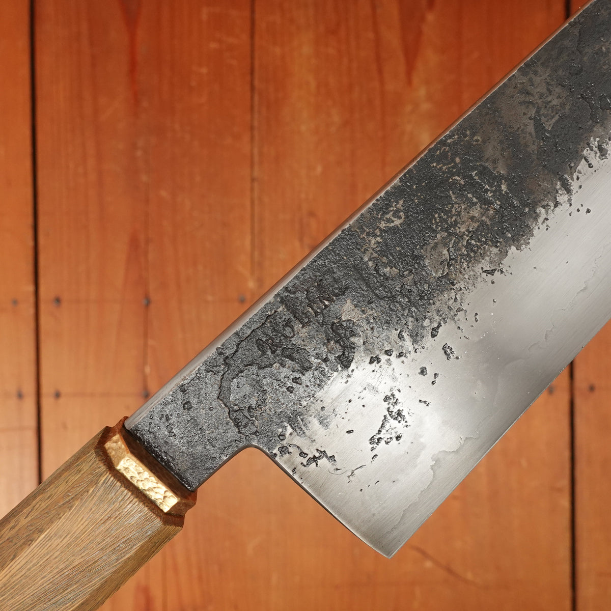 Rolin Knives Gomai 215mm Gyuto — 26C3 Core / A203 Nickel Clad, Textured Argentine Lignum Vitae Handle w/ Patinated Copper