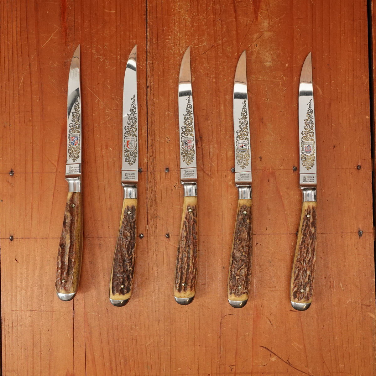 Anton Wingen Jr 5 Pc Steak Knife Set Etch and Inlay Stainless & Stag Solingen 1960s 70s